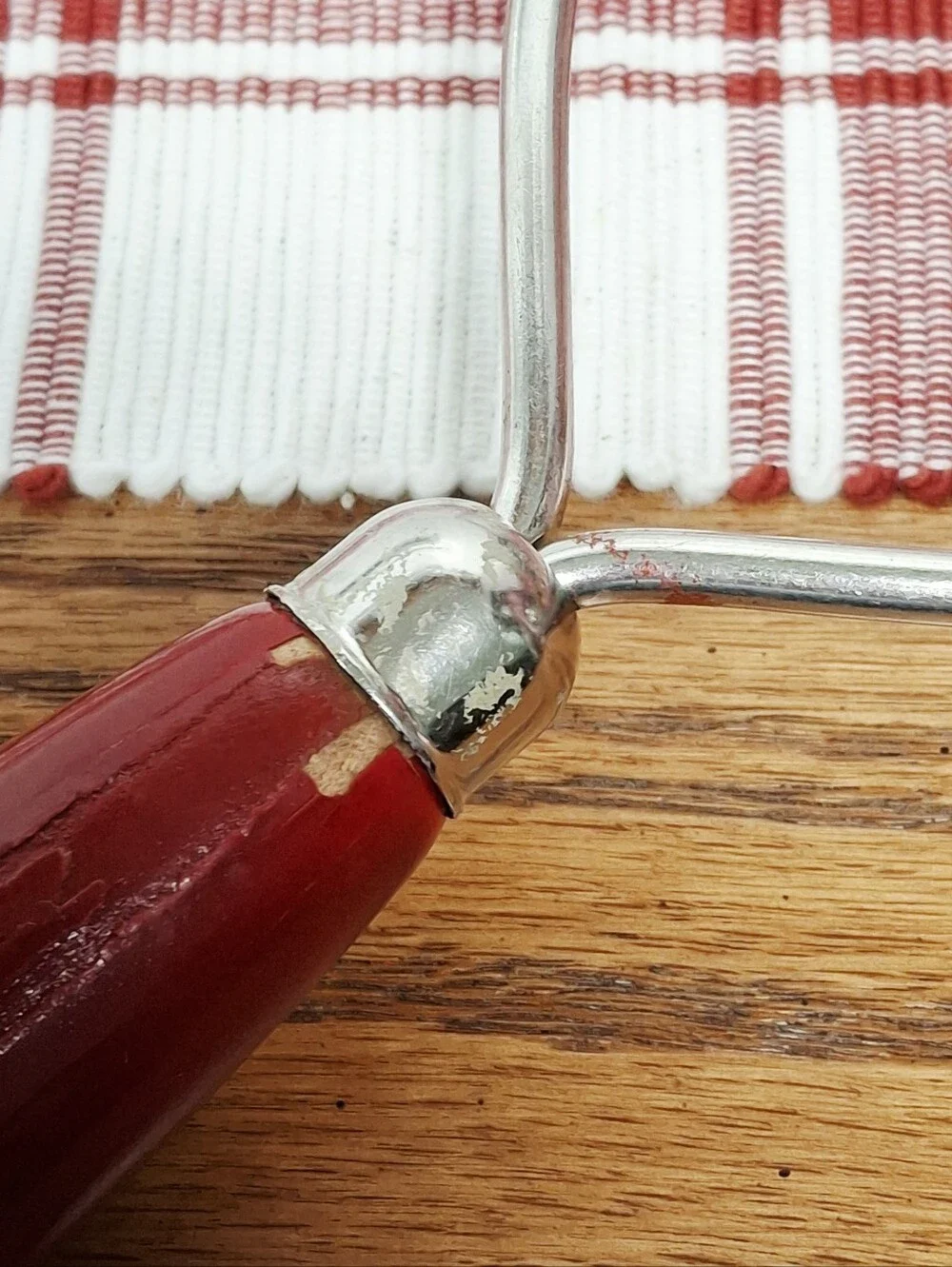 Vintage Red A&J Ekco Potato Masher Oval Chevron Rustic Kitchen Collectible